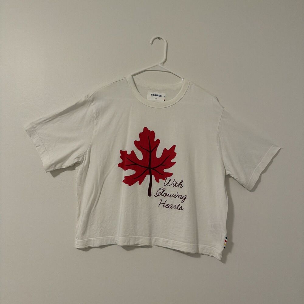 Hudson Bay Company HBC Tee Shirt Stripes Maple Leaf Embroidered Cropped Medium